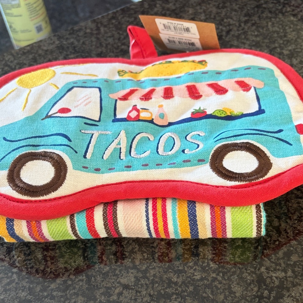 Vibrant Taco Truck Pot Holder and matching kitchen towel